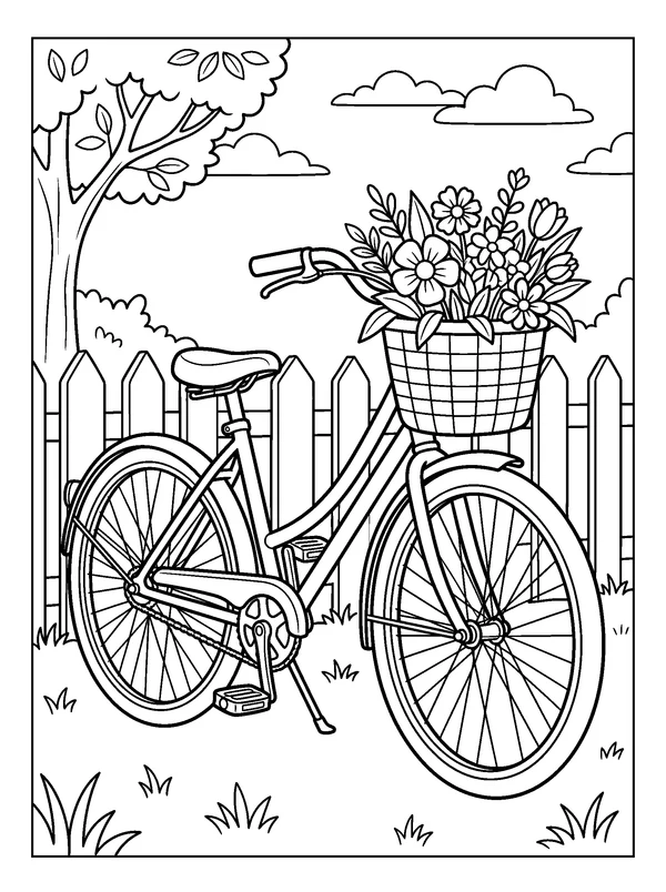 Bicycle with a Flower Basket — printable black-and-white coloring sheet