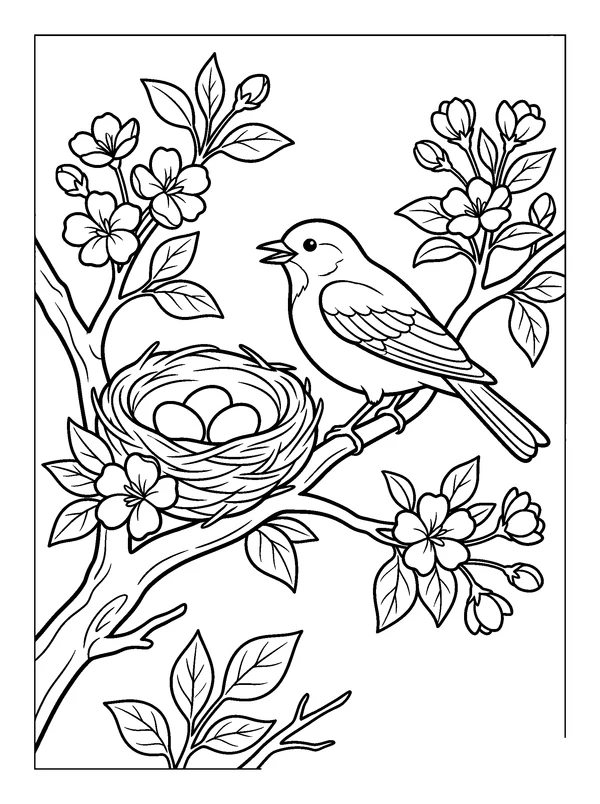 Bird Nest in the Blossoms — printable black-and-white coloring sheet