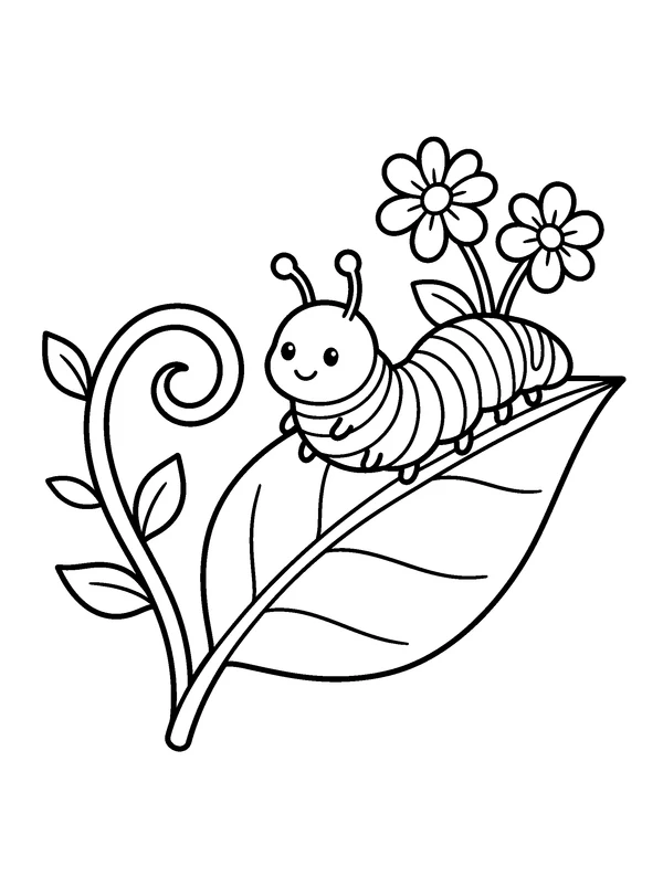 Caterpillar on a Fresh Leaf — printable black-and-white coloring sheet