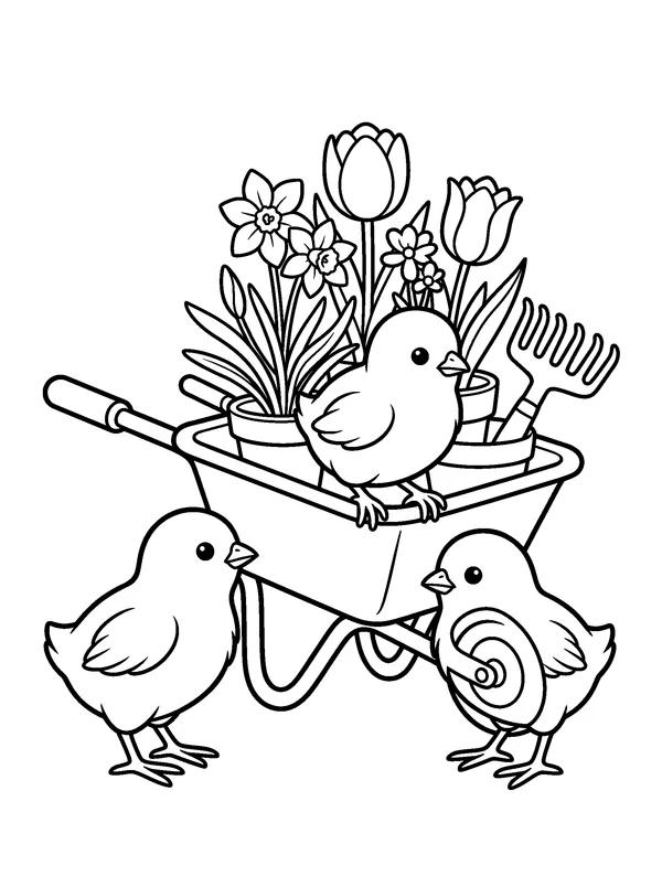 Chicks in a Flower Wheelbarrow — printable black-and-white coloring sheet