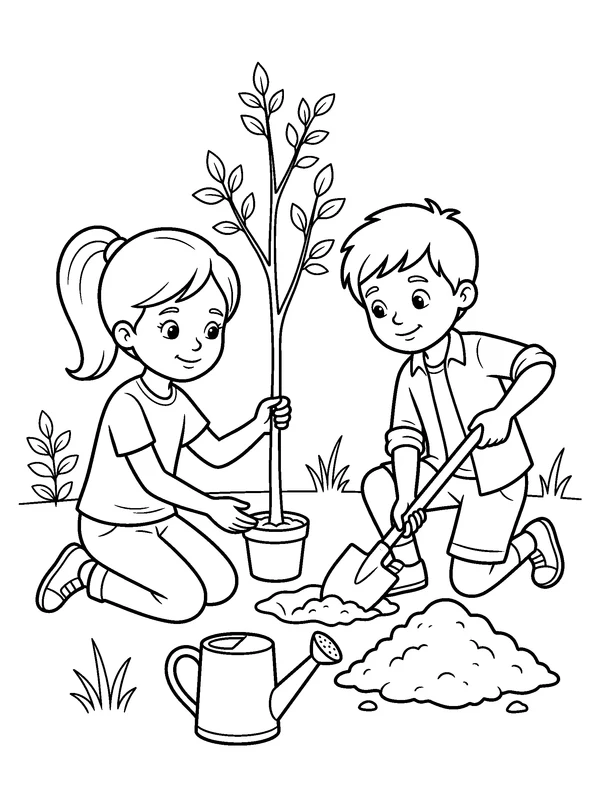 Children Planting a Young Tree — printable black-and-white coloring sheet