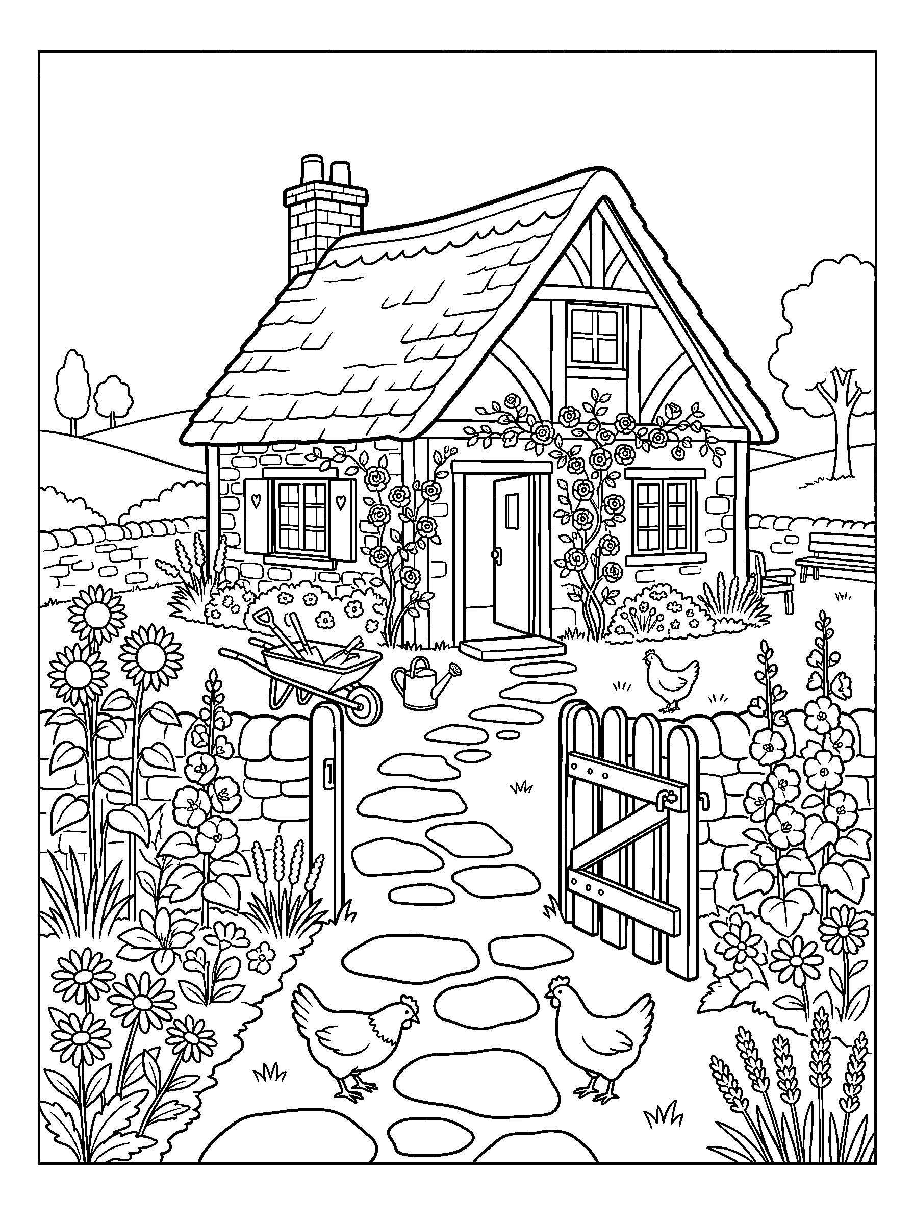 Cottage with a Spring Garden — full black-and-white printable coloring page