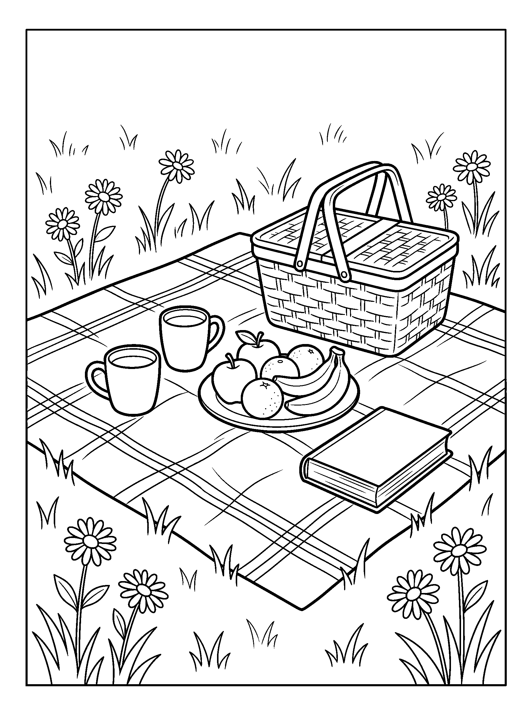 Daisy Meadow Picnic — full black-and-white printable coloring page