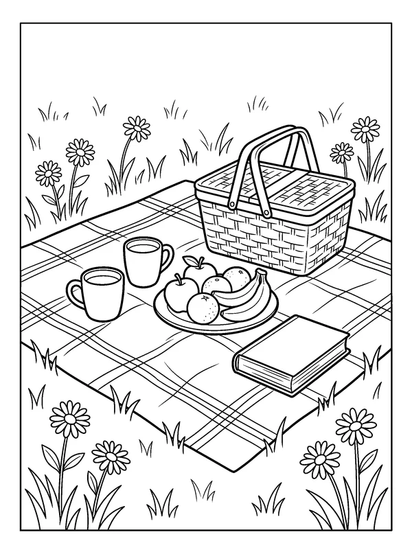 Daisy Meadow Picnic — printable black-and-white coloring sheet