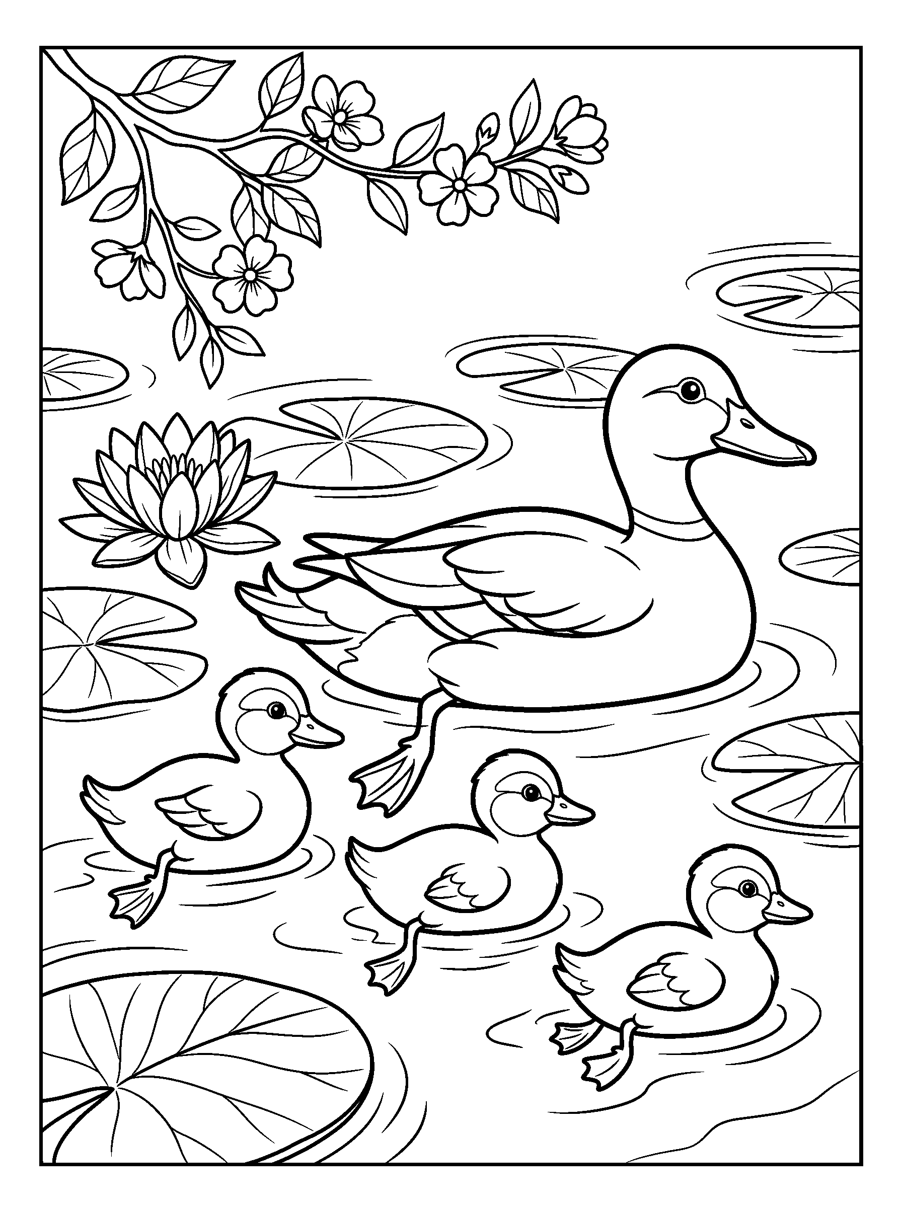 Duck Family in the Spring Pond — full black-and-white printable coloring page