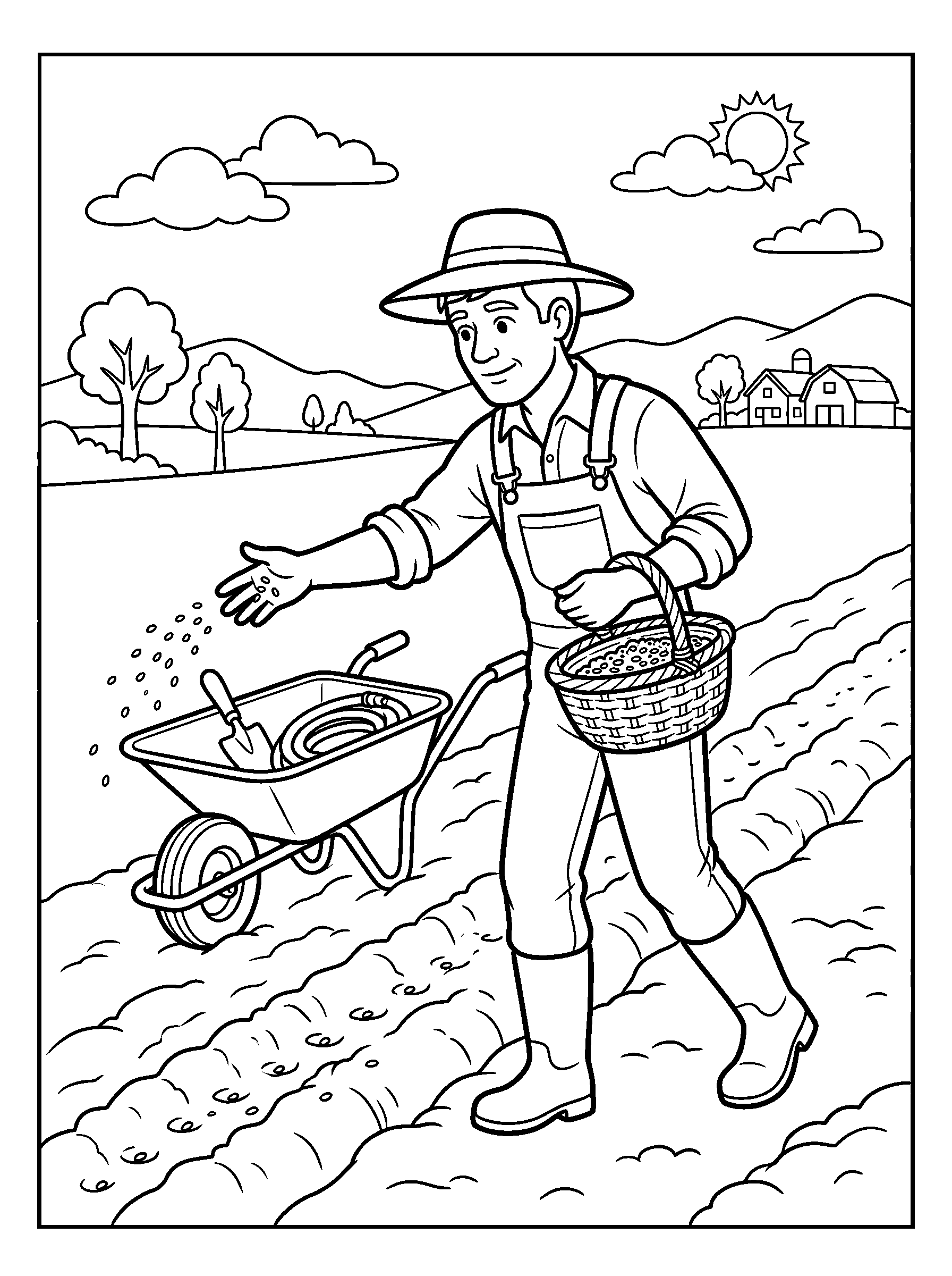 Farmer Sowing Spring Seeds — full black-and-white printable coloring page