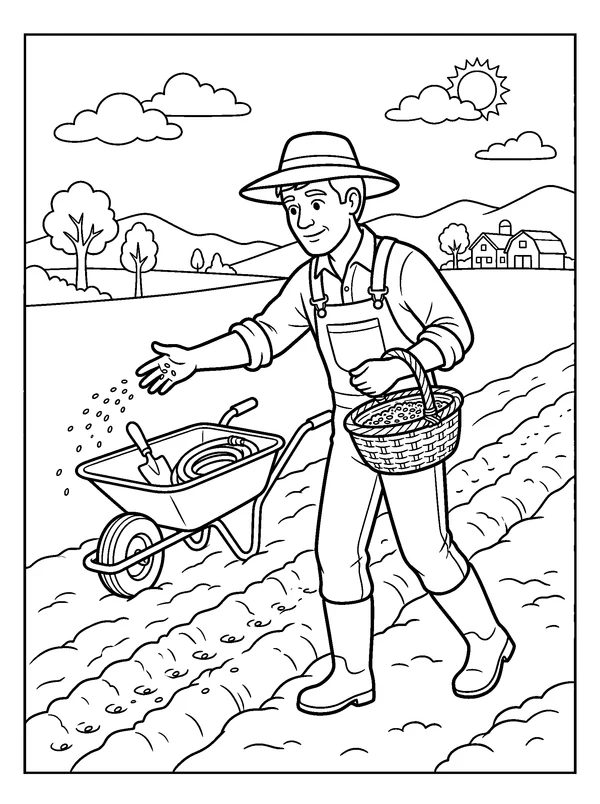 Farmer Sowing Spring Seeds — printable black-and-white coloring sheet