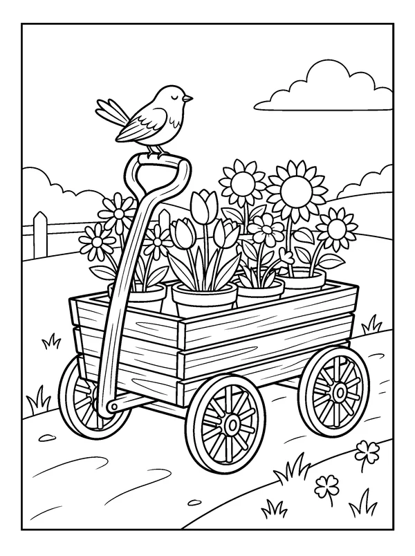 Flower Wagon with a Songbird — printable black-and-white coloring sheet