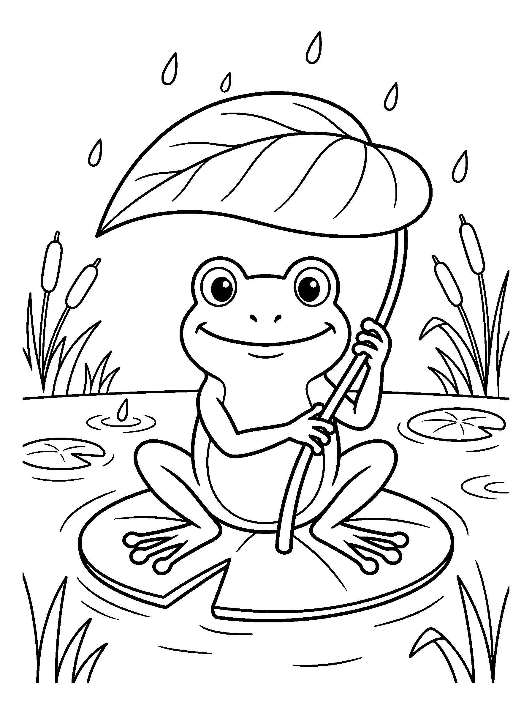 Frog with a Leaf Umbrella — full black-and-white printable coloring page