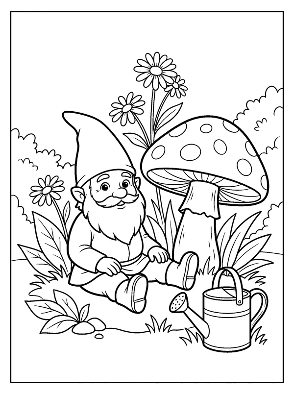 Garden Gnome Beside a Mushroom — printable black-and-white coloring sheet