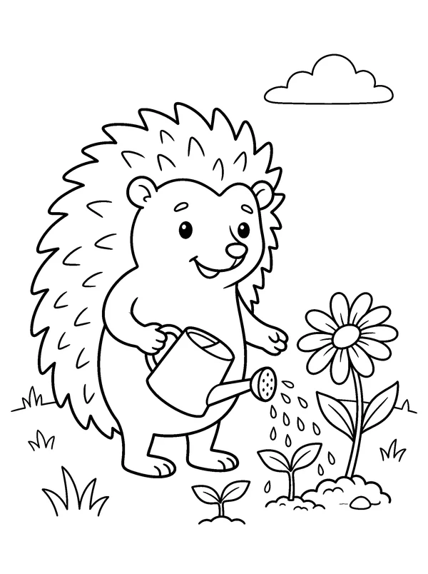 Hedgehog Watering a Daisy — printable black-and-white coloring sheet