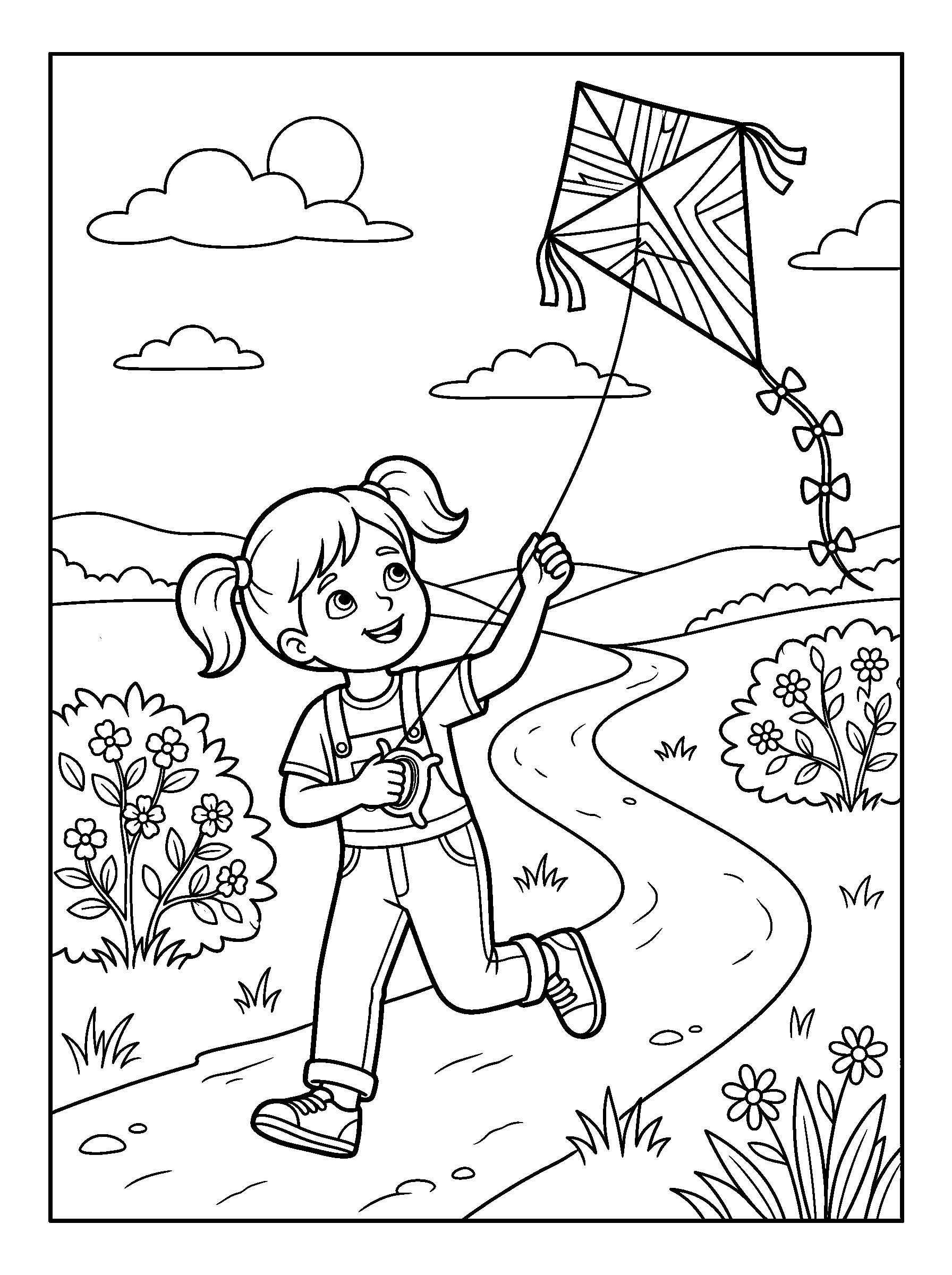 Kite Above a Spring Meadow — full black-and-white printable coloring page