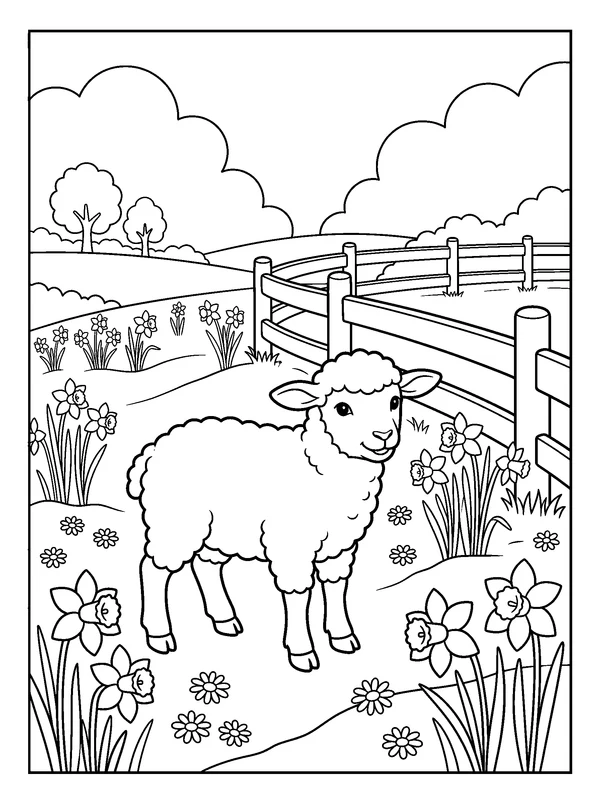 Lamb Among Spring Flowers — printable black-and-white coloring sheet