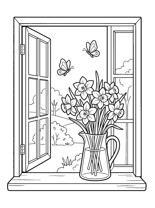 Open Window with Daffodils — printable black-and-white coloring sheet