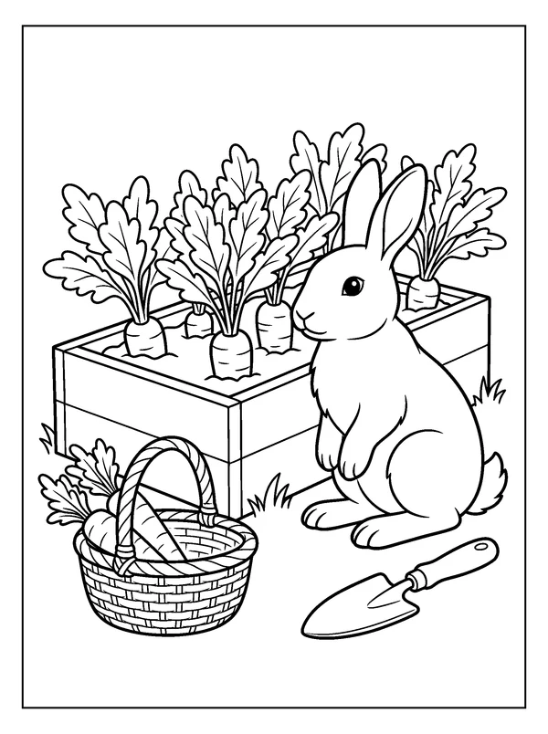 Rabbit in the Carrot Garden — printable black-and-white coloring sheet