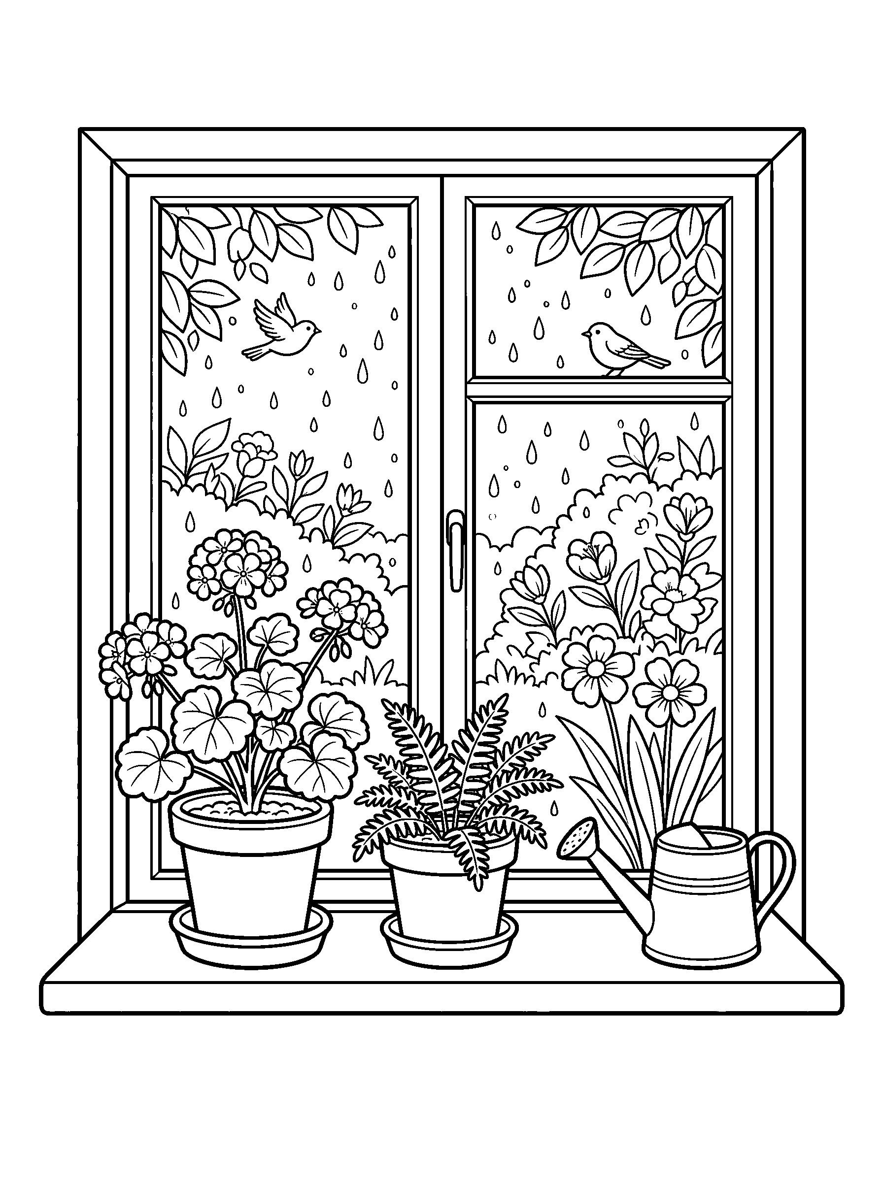 Rainy Window and Spring Garden — full black-and-white printable coloring page