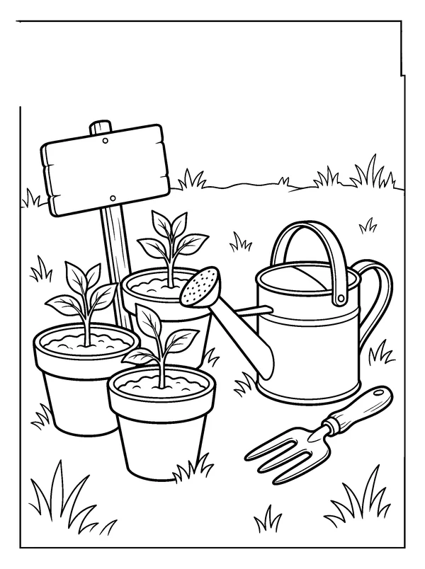 Seedling Pots and Garden Tools — printable black-and-white coloring sheet