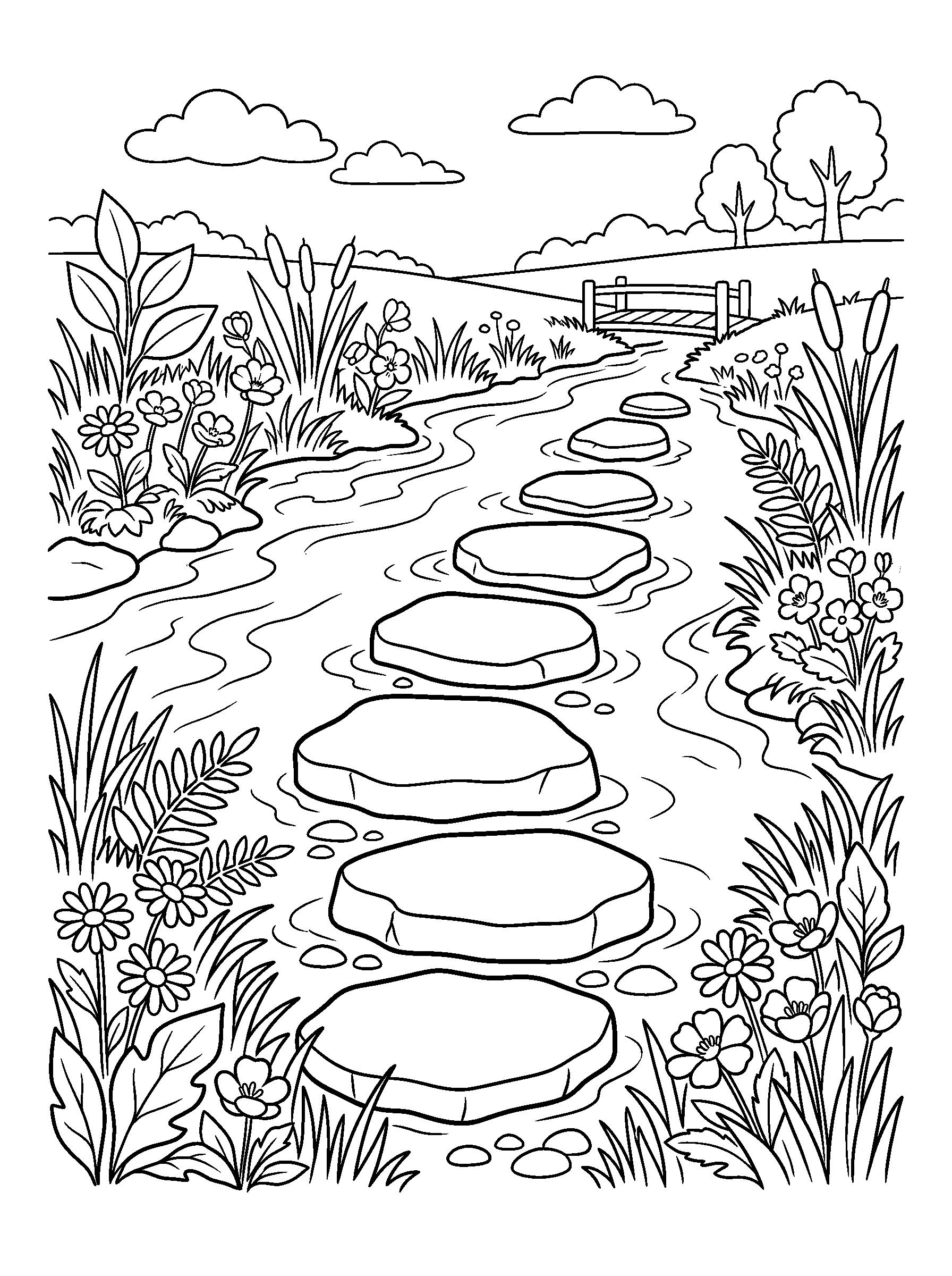 Spring Stream Stepping Stones — full black-and-white printable coloring page