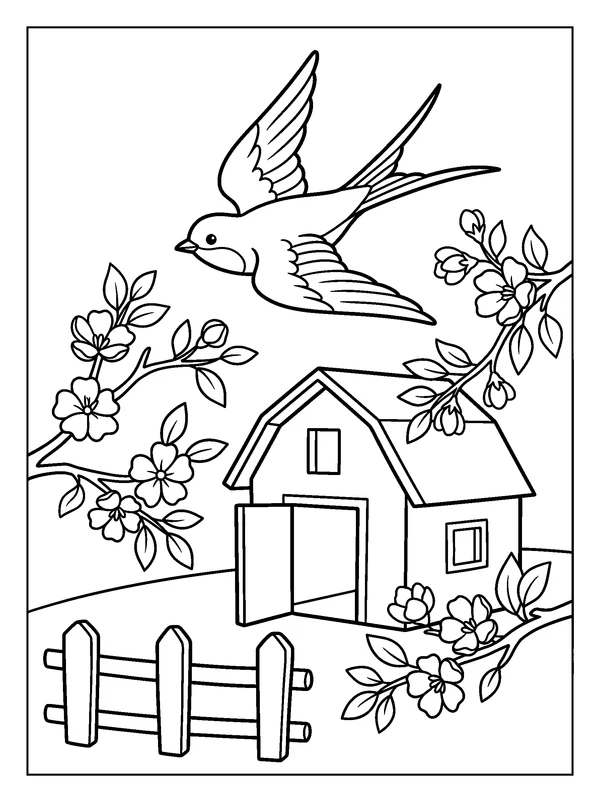 Swallow Above a Spring Barn — printable black-and-white coloring sheet