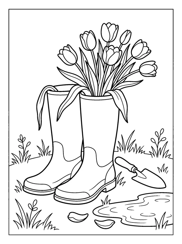 Tulips in Rain Boots — printable black-and-white coloring sheet