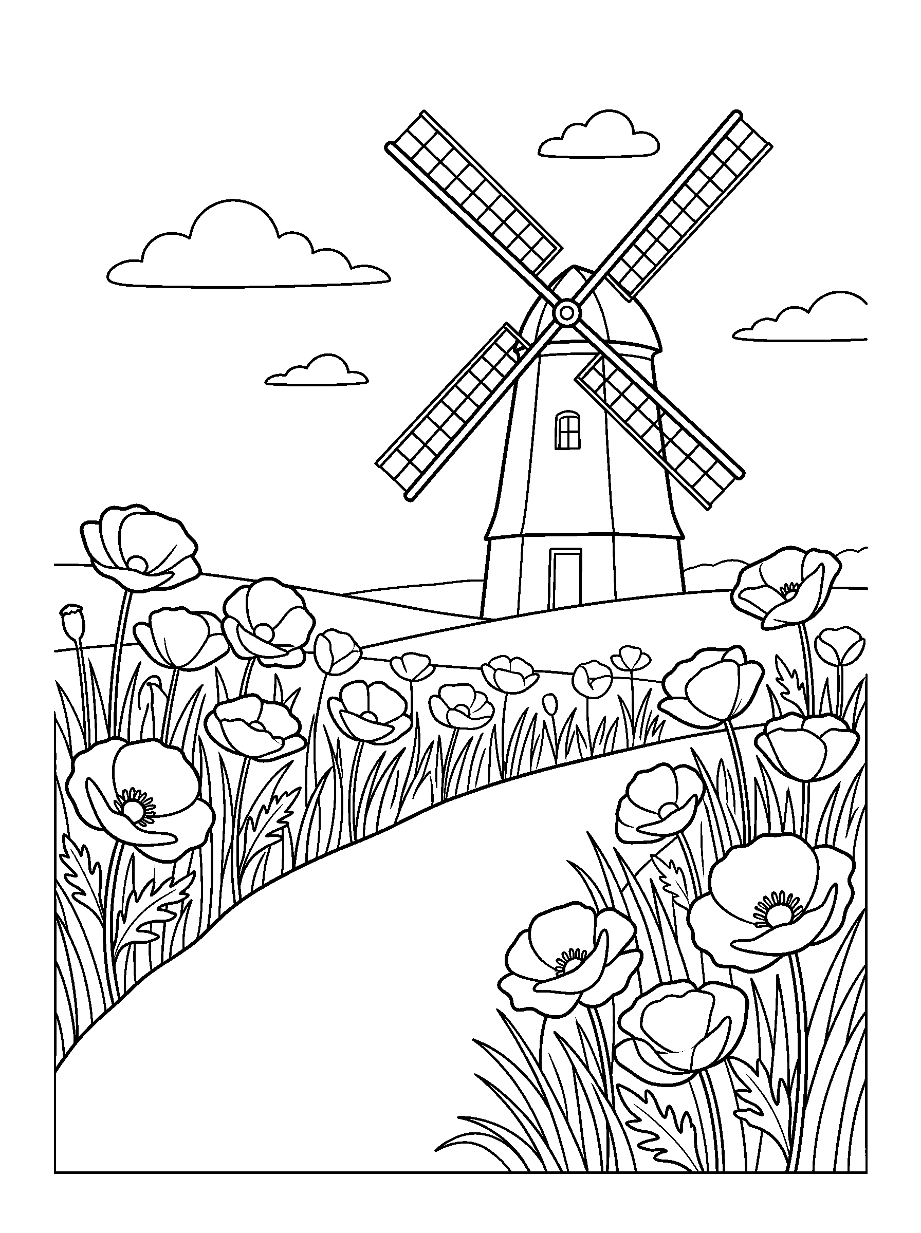 Windmill Beyond the Poppy Field — full black-and-white printable coloring page