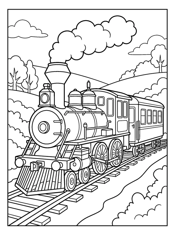 Steam Train — printable black-and-white coloring sheet