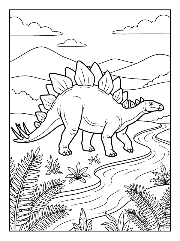 Stegosaurus Valley — printable black-and-white coloring sheet