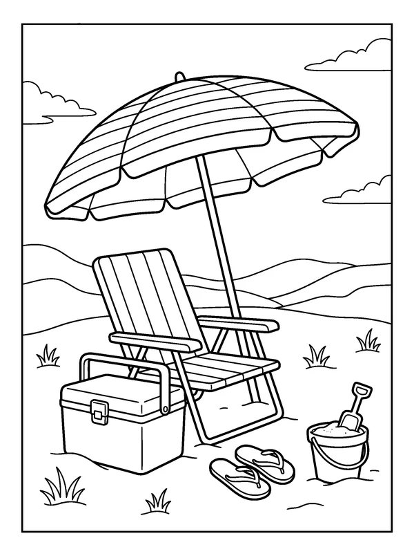 Beach Chair Under an Umbrella — printable black-and-white coloring sheet