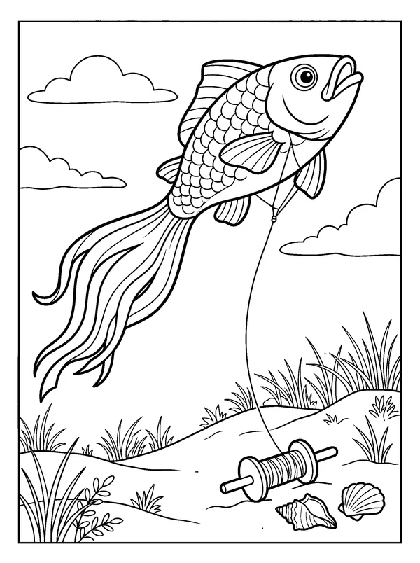 Beach Kite Beside the Dunes — printable black-and-white coloring sheet