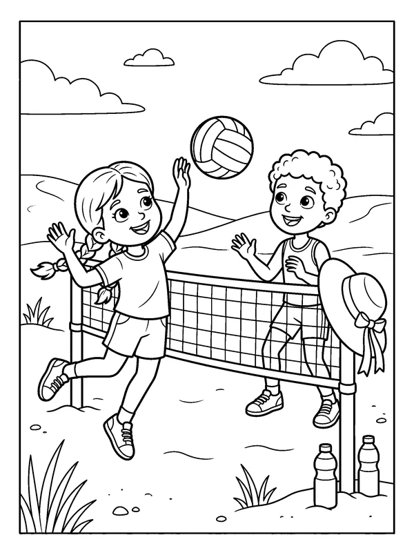 Beach Volleyball Friends — printable black-and-white coloring sheet