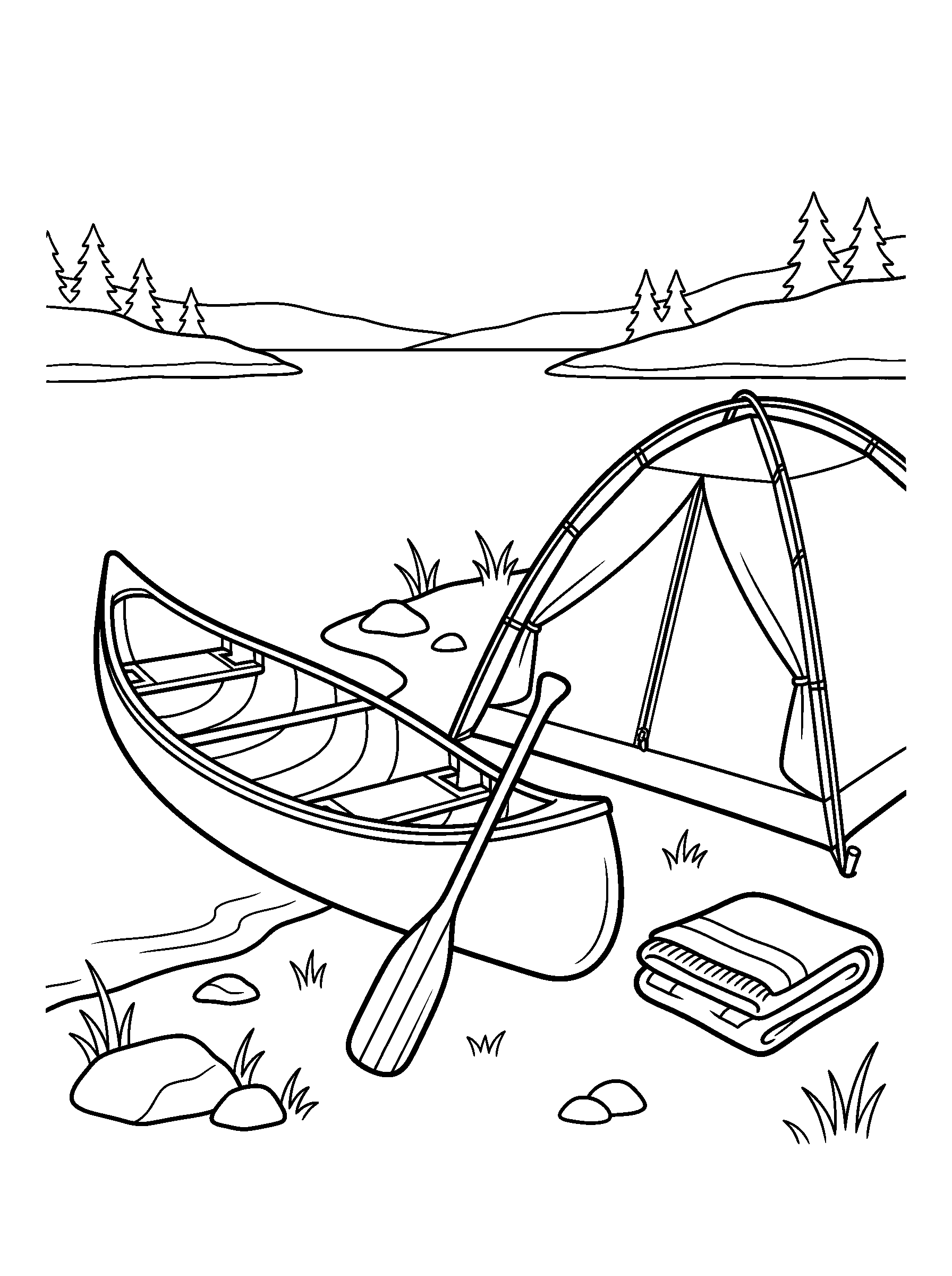 Canoe at the Summer Campsite — full black-and-white printable coloring page