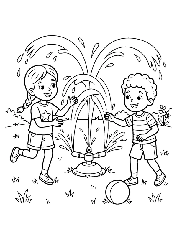 Children Playing in the Sprinkler — printable black-and-white coloring sheet