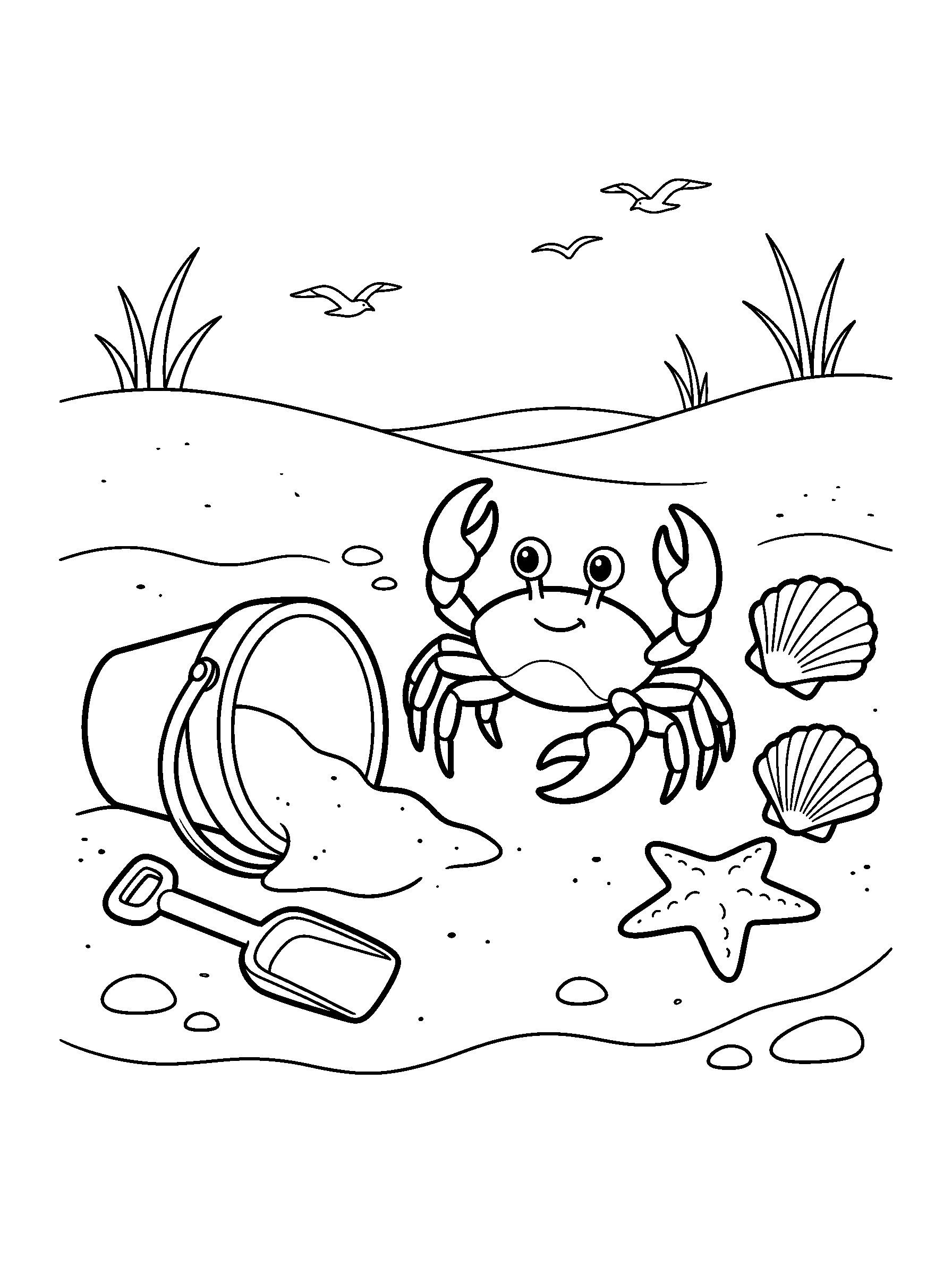 Crab with a Sand Bucket — full black-and-white printable coloring page