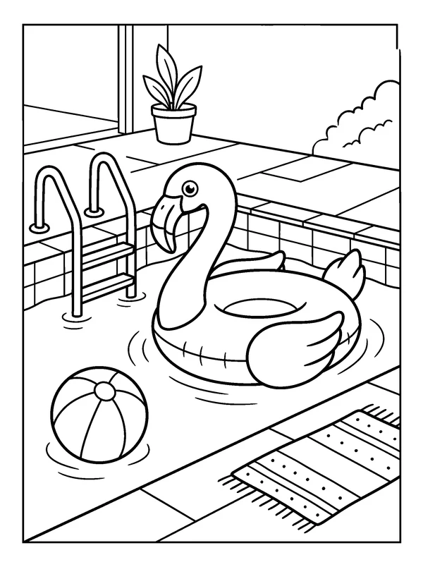 Flamingo Float in the Pool — printable black-and-white coloring sheet