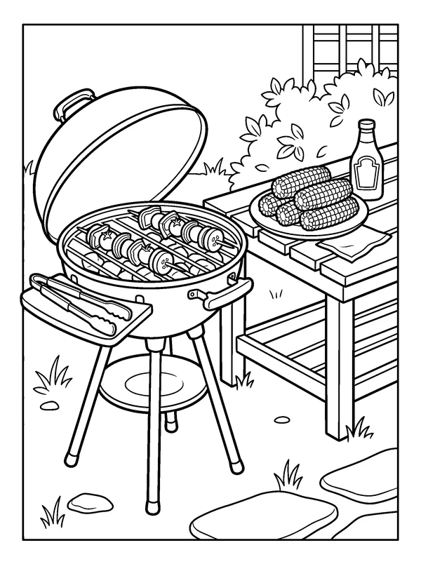 Garden Barbecue with Vegetables — printable black-and-white coloring sheet