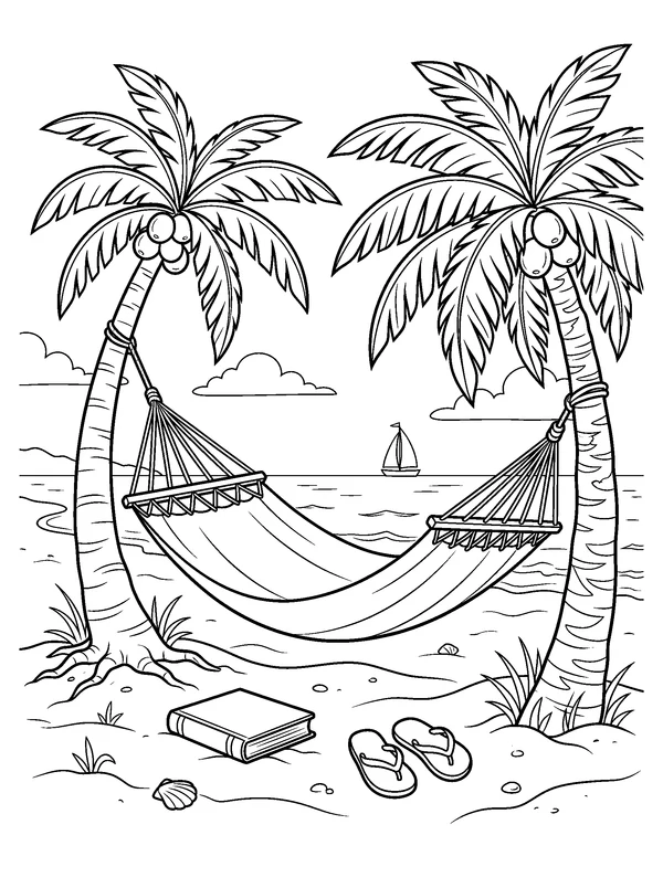 Hammock Between the Palm Trees — printable black-and-white coloring sheet