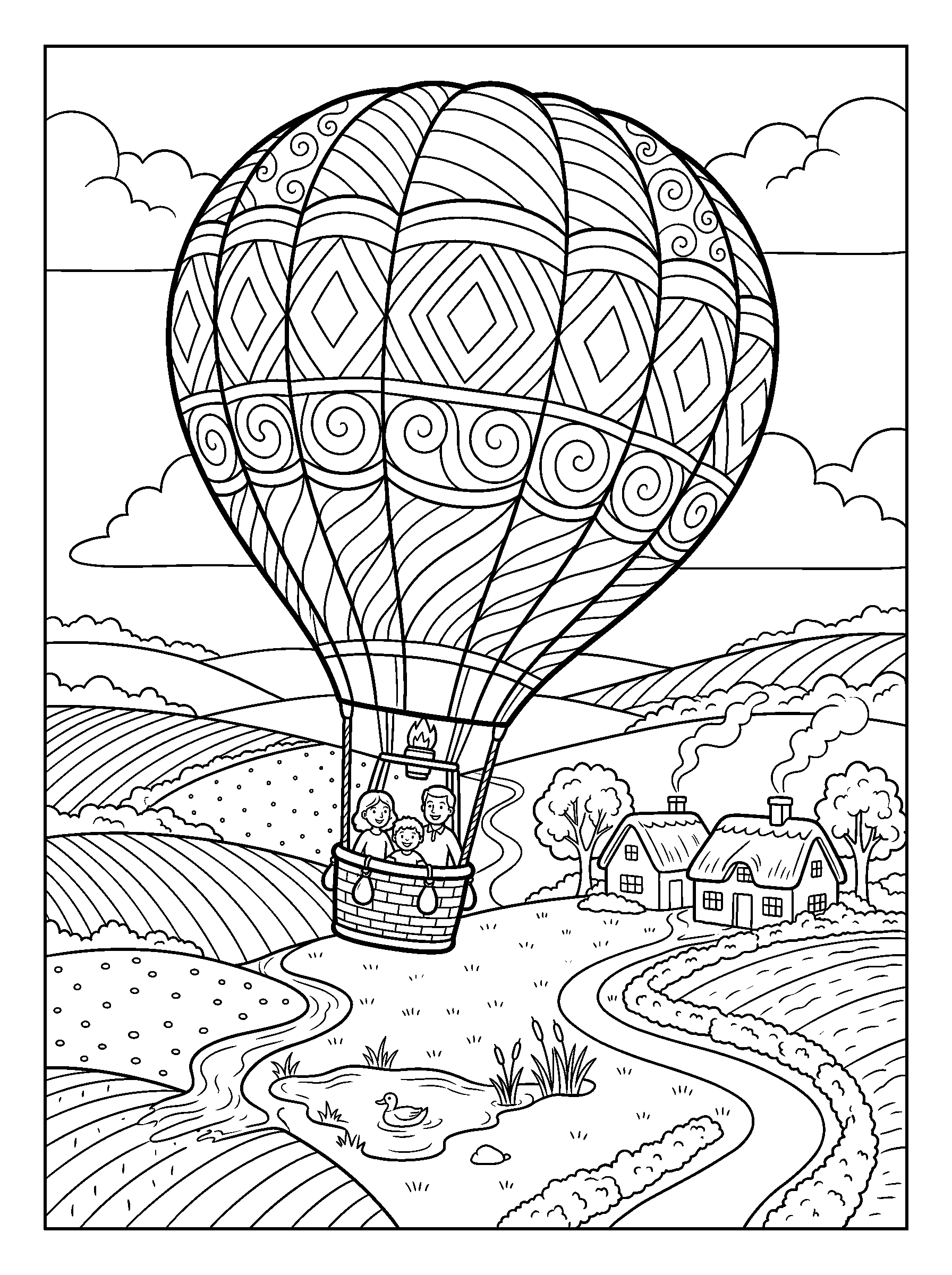 Hot Air Balloon Above the Fields — full black-and-white printable coloring page