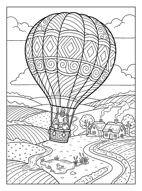 Hot Air Balloon Above the Fields — printable black-and-white coloring sheet