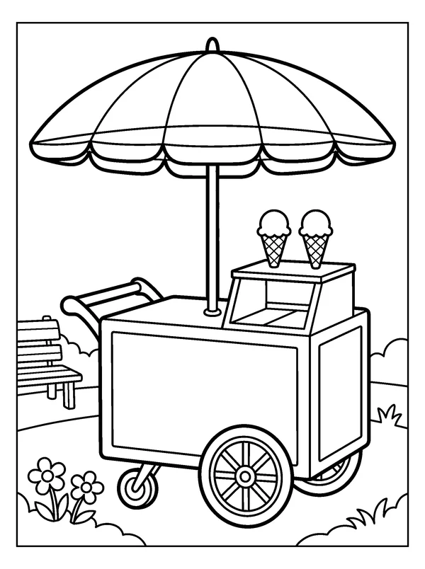 Ice Cream Cart at the Park — printable black-and-white coloring sheet