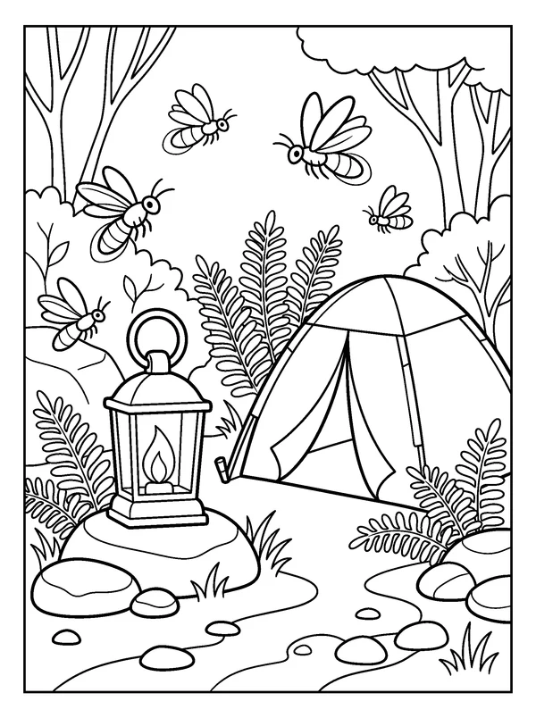 Lantern at the Firefly Campsite — printable black-and-white coloring sheet
