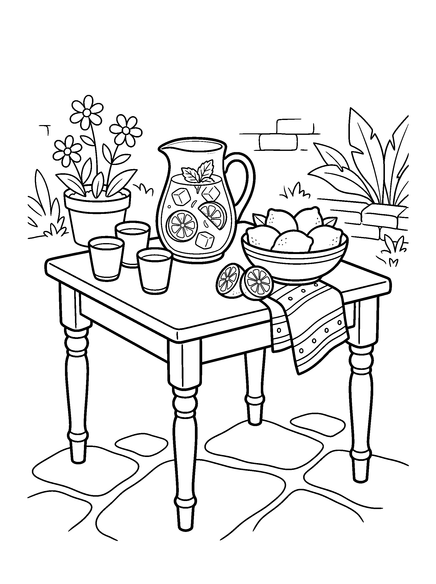 Lemonade Table in the Garden — full black-and-white printable coloring page