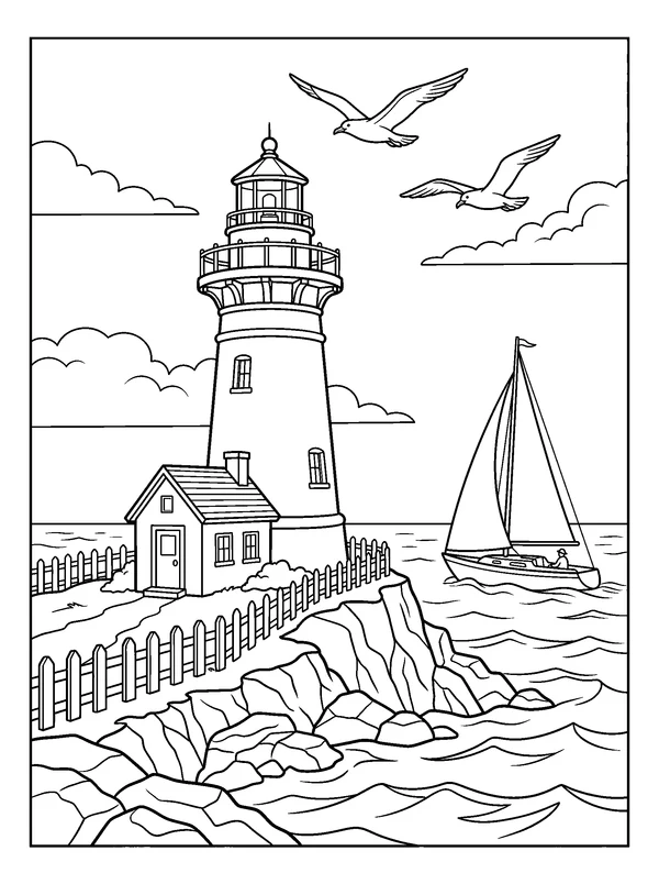 Lighthouse Above the Summer Rocks — printable black-and-white coloring sheet