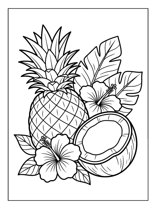 Pineapple and Hibiscus Arrangement — printable black-and-white coloring sheet