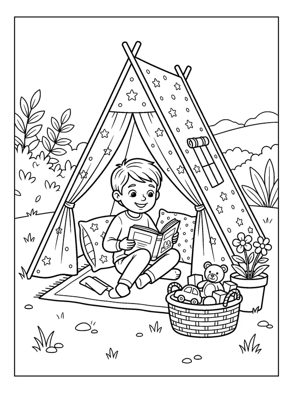 Reading in a Summer Play Tent — printable black-and-white coloring sheet