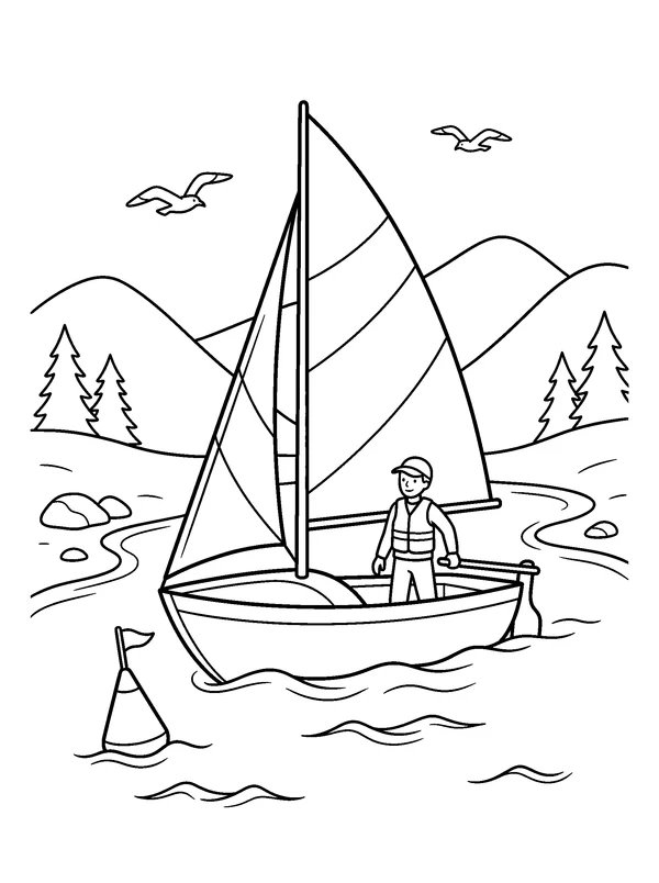 Sailboat in a Sheltered Bay — printable black-and-white coloring sheet