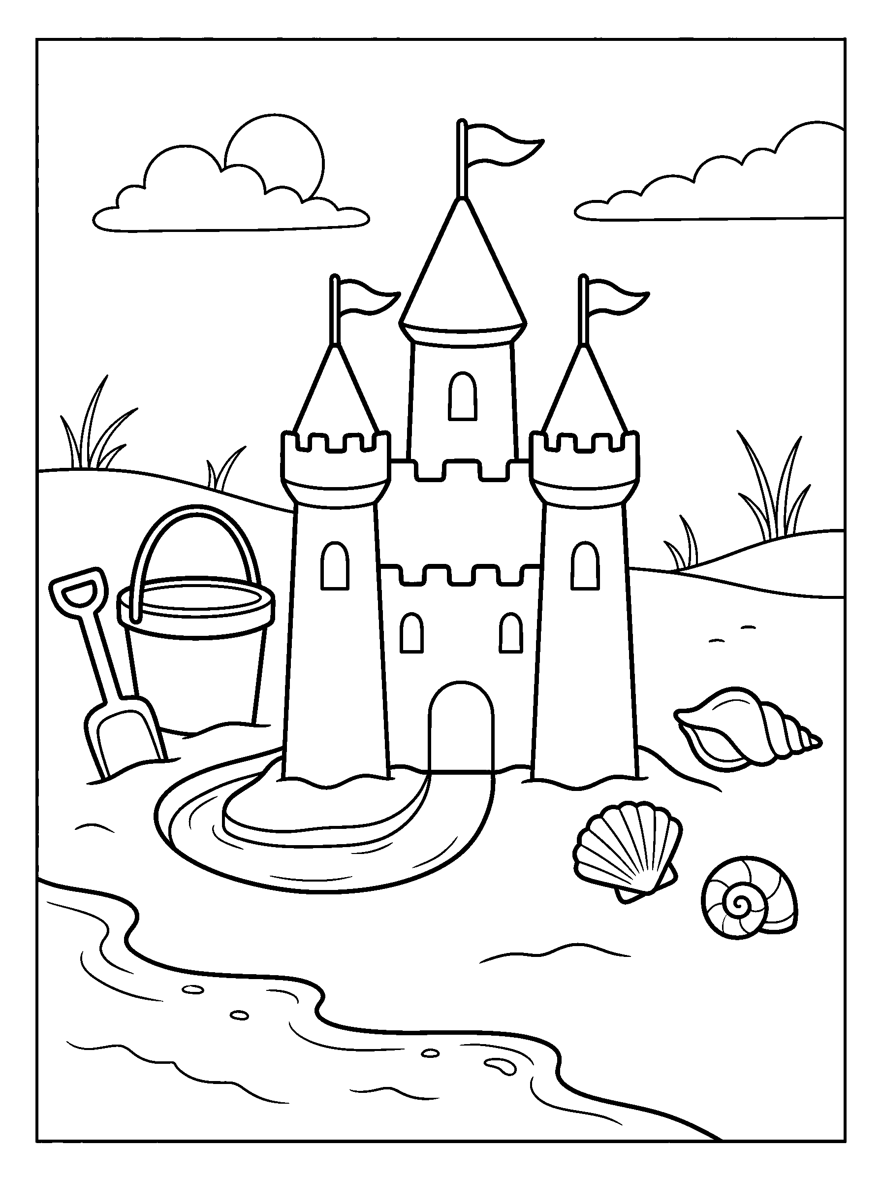 Sandcastle with Buckets and Shells — full black-and-white printable coloring page