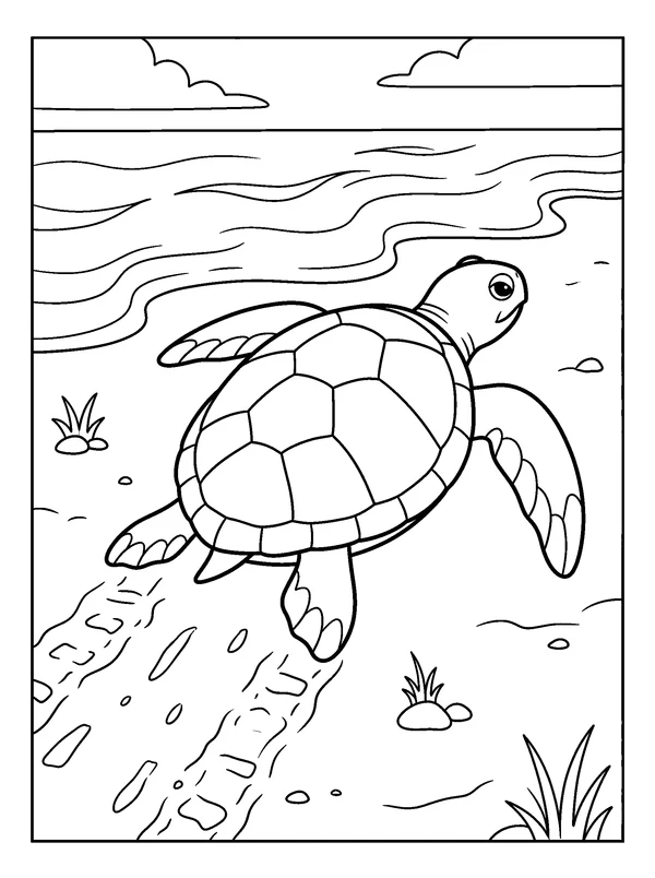 Sea Turtle Tracks on the Beach — printable black-and-white coloring sheet