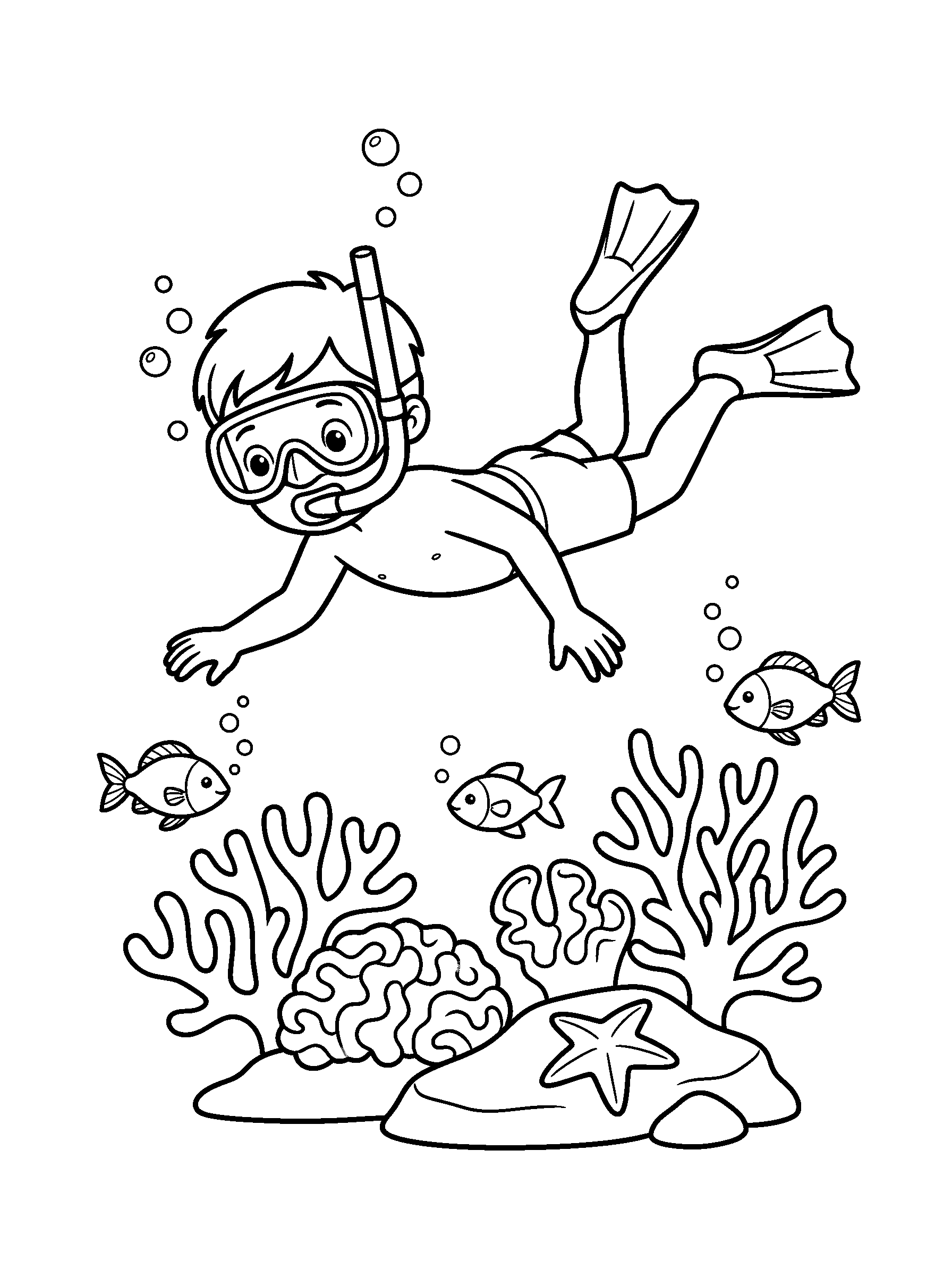 Snorkeler Above the Coral Reef — full black-and-white printable coloring page