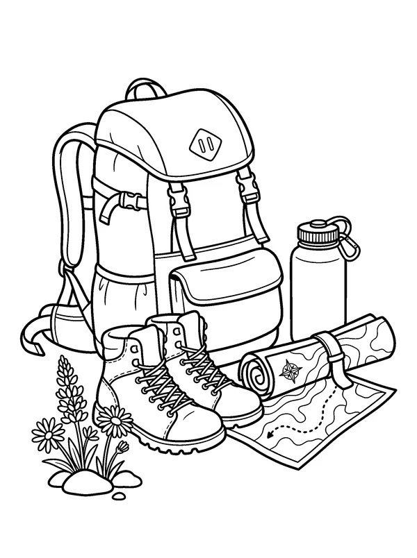 Summer Hiking Backpack — printable black-and-white coloring sheet