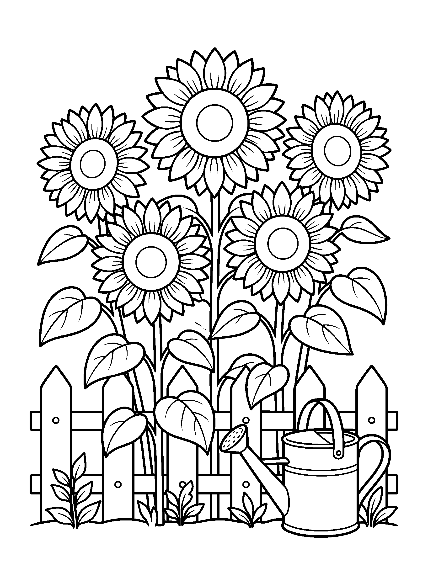 Sunflowers Along the Garden Fence — full black-and-white printable coloring page